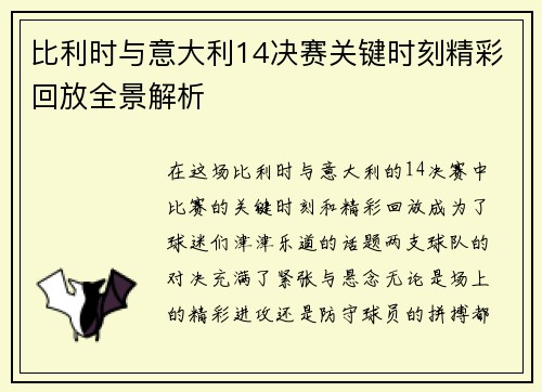 比利时与意大利14决赛关键时刻精彩回放全景解析
