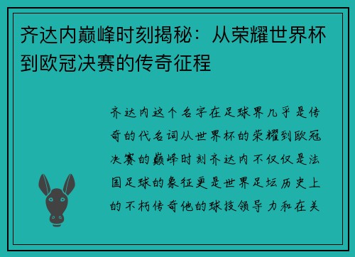 齐达内巅峰时刻揭秘：从荣耀世界杯到欧冠决赛的传奇征程